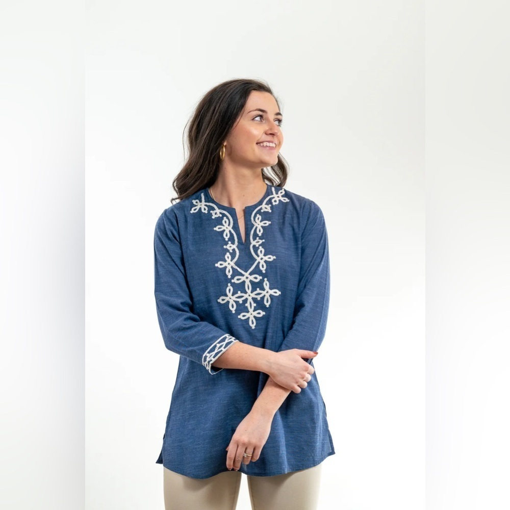 100% cotton Liza Byrd Blue Tunic with White Embroidery A0193